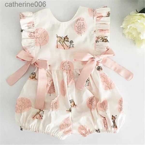 Ensembles de vêtements 0-24M Vêtements d'été Bébé Fille Cerf Fleur Coton Doux Barboteuse Filles Combinaison Mode Infantile ClothesL231202