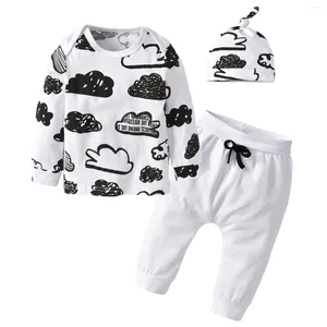 Ensembles de vêtements 0-24M Toddler bébé garçon de vêtements décontractés Clouds Pantalons de t-shirt à manches longues imprimées Cap printemps