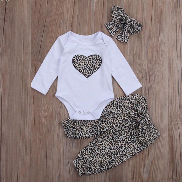 Ensembles de vêtements 0-24 mois léopard coeur imprimé à manches longues body pantalon bandeau 3 pièces ensemble pour né bébé bébé filles vêtements