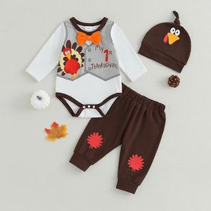 Kledingsets 0-2Y Baby Boy Eerste Thanksgiving Outfits Turkije Brief Patroon Lange Mouw Baby Rompertjes Broek Hoed 3-delige Kledingset