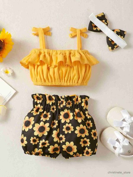 Conjuntos de ropa 0-3 años Bebé recién nacido Niñas Verano Amarillo Sin mangas Sling Top Estampado de flores Pantalones cortos Moda Lindo traje para niños R231215