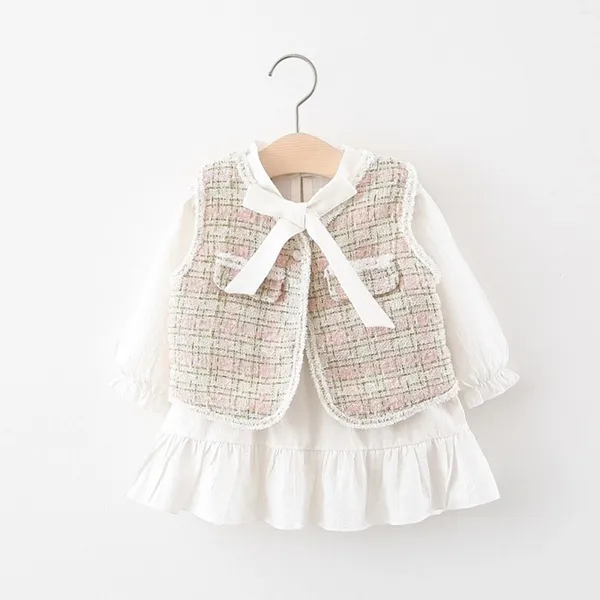 Conjuntos de ropa para niños de 0 a 3 años, trajes de vestir para niñas pequeñas, primavera y otoño, chaleco a cuadros de princesa con lazo de manga larga, conjunto de 2 uds.