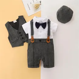 Ensembles de vêtements 0-36 mois bébé garçons 4pcs combinaison ensemble à manches courtes barboteuse gilet chapeau infantile été gentleman tenues