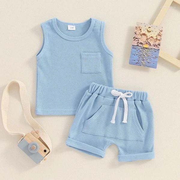 Ensembles de vêtements 0 à 36 mois Baby Boys Shorts Set Sans mange-Sheeve Top avec une taille élastique Bleu Bleu Beige Infant Summer Tenue d'été