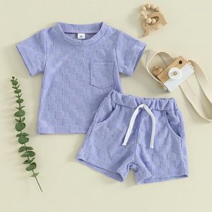 Ensembles de vêtements 0-3t bébé 2 pièces tenues de damier de damier t-shirt à manches courtes et shorts élastiques fixés pour le petit garçon des vêtements mignons