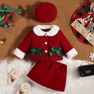 Kledingsets 0-3Y Baby Kerstoutfits voor meisjes Fleecekraag Wollen jas, Tops en rode rokken met hoed Kinderwinterpak voor meisjes 231110