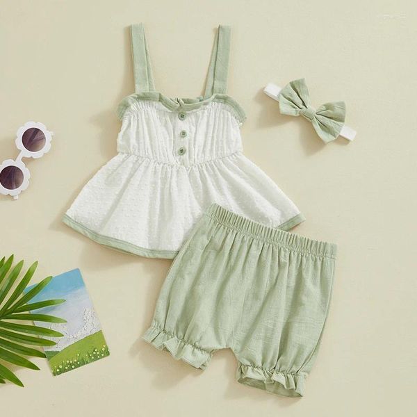 Conjuntos de ropa 0-3Y Baby Girl Summer Set Lace Square Cuello Cami Tops Cintura Elástica Frill Trim Shorts Bow Diadema Infantil Niño 3 piezas