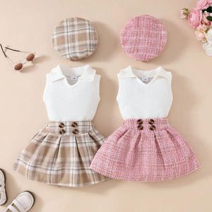 Ensembles de vêtements 0-3 ans bébé filles tenues d'été sans manches revers côtelé hauts jupe trapèze à carreaux béret enfants mode