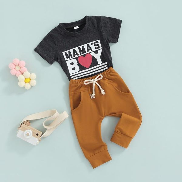 Conjuntos de ropa 0-3Y, ropa informal de verano para bebés, 2 uds., camisetas grises de manga corta con estampado de corazón y letras, pantalones sólidos, ropa