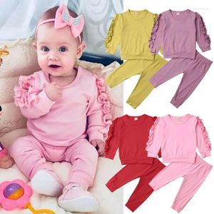 Ensembles de vêtements 0-3 ans bébé enfants fille vêtements volants solide pull haut t-shirt pantalon leggings tenues 3 pièces