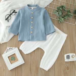 Kledingsets 0-4Y Childrens Boys Spring en Autumn Set Baby Solid Button Lange Sheeved Shirt Top+Elastische taille broek Boys Clothing Set D240514