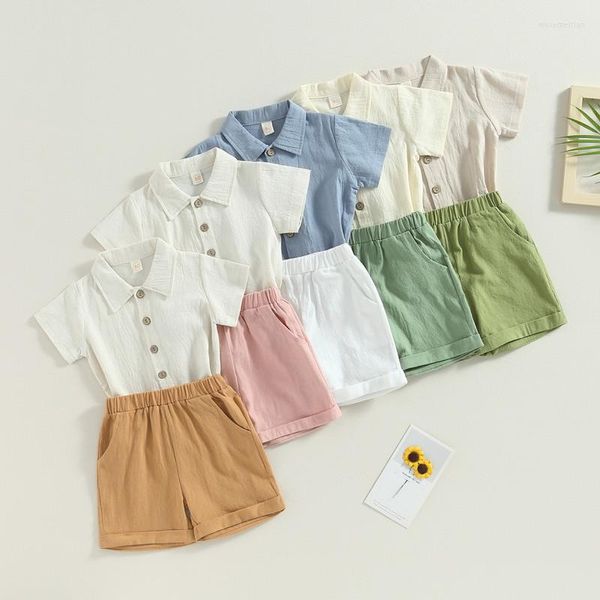 Ensembles de vêtements 0-4Y enfants garçons vêtements d'été ensemble enfant en bas âge à manches courtes revers boutons chemises pantalons bébé couleur unie décontracté Shorts tenues