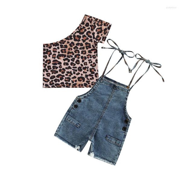 Conjuntos de ropa para bebés de 0 a 4 años, trajes de verano para niños, Tops con estampado de leopardo de un hombro, pantalones cortos con tirantes de mezclilla azul, ropa