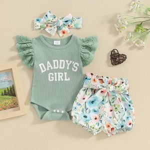 Ensembles de vêtements 0 à 6 mois Baby Girl Summer Turnits Letter Imprimer des manches en dentelle ROMPER