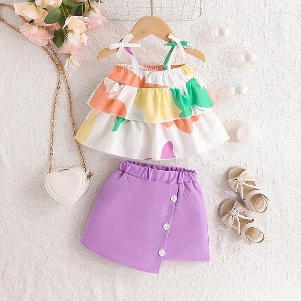 Ensembles de vêtements 0 à 6 ans pour enfants d'été filles vêtements de mode Spaghetti Strap Ruffle Tops Button Jupe Tenues