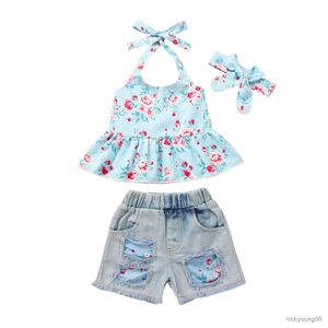 Ensembles de vêtements 0-6 ans bébé filles déchiré jean ensemble licou hauts Shorts avec bandeau 3 pièces été infantile enfants costumes floraux
