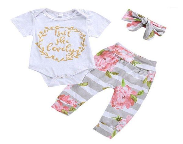Ensembles de vêtements 012 mois bébé filles vêtements ensemble lettre barboteuse fleur imprimé pantalon foulard tenues 4717215097