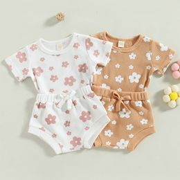 Kleding Sets 0211 Lioraitiin 018M Baby Baby Meisje 2 Stuks Zomer Outfits Korte Mouw Wafel Gebreide Bloemen Tshirt shorts Set 230601