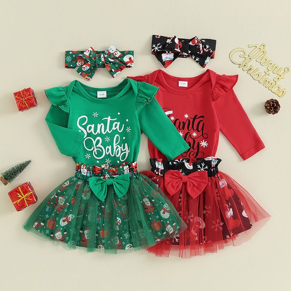 Sets de ropa 024m Baby Girls Clothway Carta de ropa de Navidad Mi primera banda de falda en capas Bodysuitbow Diadema de nacimiento del año 230919