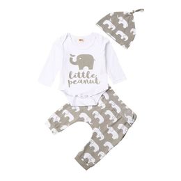 Kledingsets 024m geboren babymeisjesjongen kleding lange mouw romper olifanten print broek hoed outfits 230331