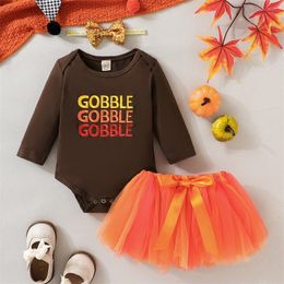 Kledingsets 02Y Herfstoutfits voor babymeisjes Briefborduurwerk Lange mouwen Rompertjes Tule Tutu Rokken Hoofdband 3-delige Thanksgiving-kledingset 230923