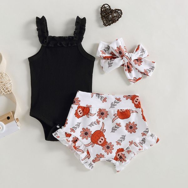 Ensembles de vêtements 0301 Lioraitiin 018M infantile bébé fille 3 pièces tenue noir sans manches à volants body tête de bétail imprimé shorts bandeau 230919