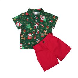 Ensembles de vêtements 06 ans bébé garçon vêtements de Noël ensemble enfants manches courtes chemises imprimées enfant en bas âge short rouge costume costume enfant Santa tenue 231109