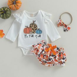 Kledingsets 0703 Lioraitiin 018M Baby Meisje 3-delige Halloween-outfits Lange mouw bodysuit Ruche Shorts Hoofdband Set Babykleding 230919