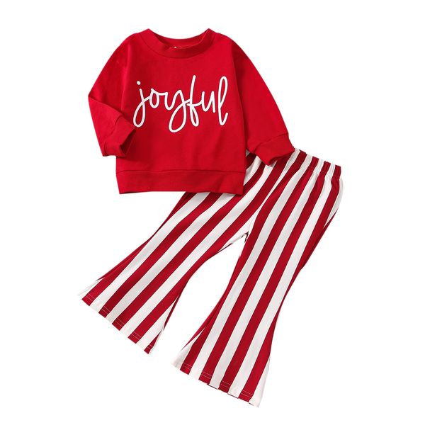 Ensembles de vêtements 0901 Lioraitiin 05 ans enfant en bas âge fille pantalon costume à manches longues lettres de Noël imprimer chemise rouge BellBottoms pantalon 230203