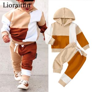 Kledingsets 0909 Lioraitiin 04Years peuter babyjongen 2-delige herfstoutfits lange mouwen contrasterende kleur patchwork hoodies top broek set 231031