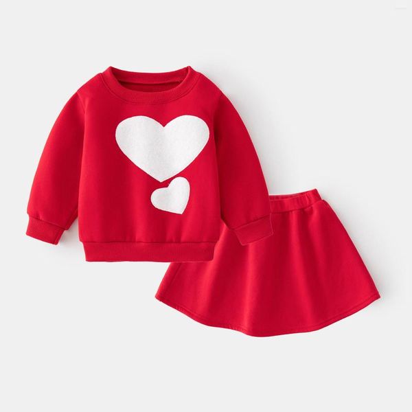 Conjuntos de ropa 1, 2, 3, 4, 5, 6 años, conjunto para niños y niñas, bonito estampado de corazón rojo, forro polar, sudadera de manga larga, faldas, trajes de 2 uds.