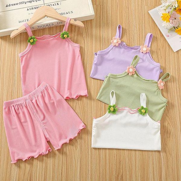 Conjuntos de ropa 1-4T Conjunto de 2 piezas para niña Tela modal suave y cómoda Verano Sin mangas Apliques de flores Tanque Elástico Volantes Pantalones cortos