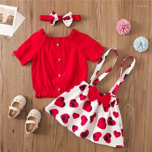 Ensembles de vêtements 1-4 ans bébé fille jupe ensemble épaule boutonnée solide rouge hauts coeur jarretelle avec noeud noeud bandeau filles costumes doux