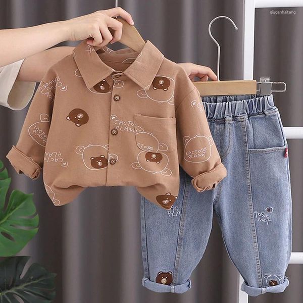 Ensembles de vêtements 1 à 5 ans Baby Boys Set Spring Automne Automne Impression complète Cartoon ours Long Manche de chemise Jeans 2pcs Outwear