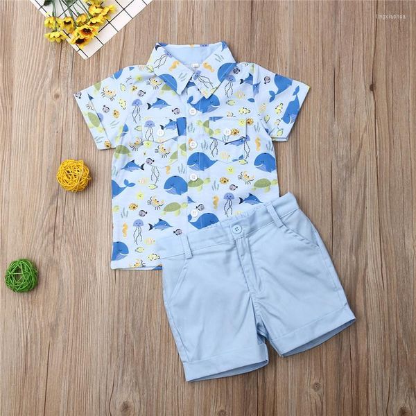 Conjuntos de ropa 1-5 años Conjunto de niños Camisa con estampado de medusas de ballena para Ocean World Animal Camisas para niños Pantalones cortos azules Ropa