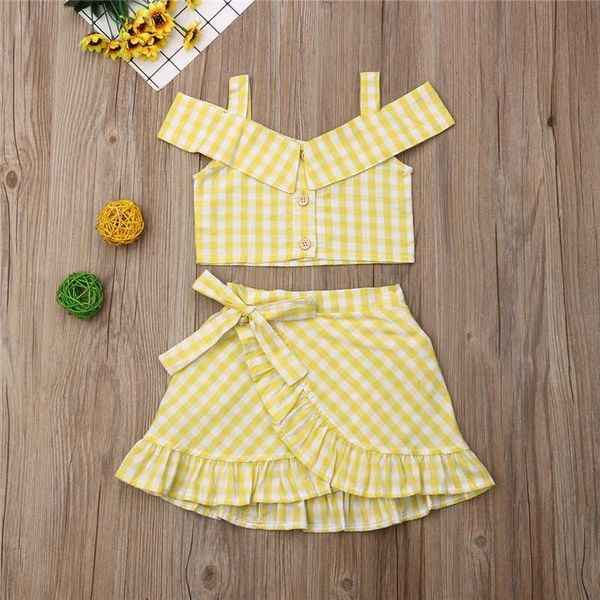 Conjuntos de ropa 1-5T Conjunto de ropa para niñas, chaleco amarillo sin mangas con tirantes, Tops para niñas, faldas de longitud media, conjunto para niñas, traje para niños pequeños, conjunto infantil