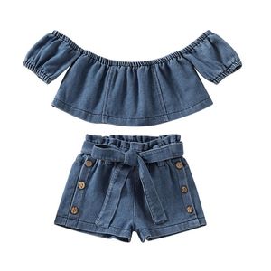 Conjuntos de ropa 1-5y Fashion Children Kids Girl 2pcs Traje de verano Off Hombro Cultivos Tops + Pantalones cortos de mezclilla casual Set Kid Girls Ropa