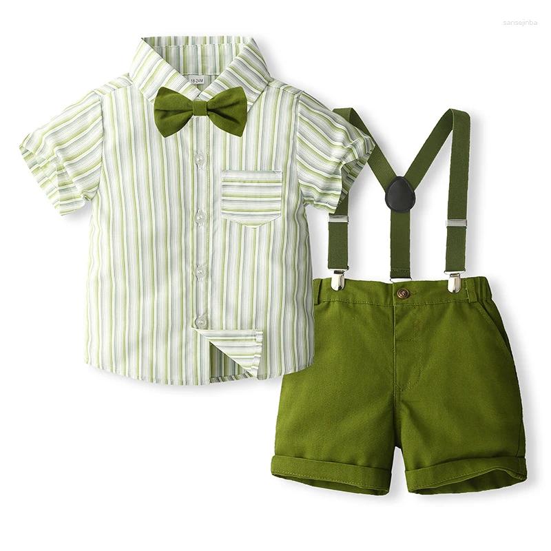 Conjuntos de roupas 1-5 anos crianças meninos 2 peças roupas de cavalheiro manga curta camisa listrada suspender shorts conjunto verão crianças roupas de festa