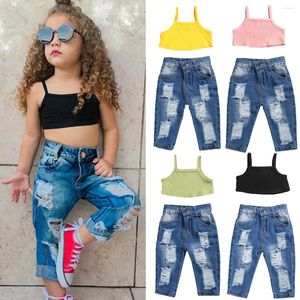 Kledingsets 1-5Y Zomer Kinderen Baby Meisjes Mode 2 Stuks Outfit Set Mouwloze Effen Geribbelde Crop Top En Gescheurde Jeans broek