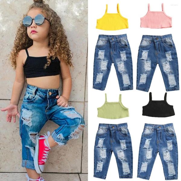 Conjuntos de ropa 1-5Y Verano Niños Bebés Niñas Moda 2 Unids Conjunto Conjunto Sin Mangas Sólido Acanalado Crop Top Y Pantalones Vaqueros Rasgados