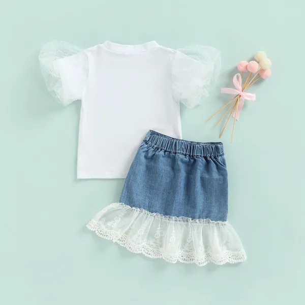 Conjuntos de ropa para niños de 1 a 5 años, conjunto de ropa para niñas pequeñas, camiseta con mangas abullonadas, Tops, faldas de mezclilla, trajes, disfraces para niños D01