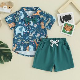 Ensembles de vêtements pour garçons de 1 à 5 ans, Shorts d'été, tenues d'été, imprimés d'animaux de dessin animé, chemises à manches courtes, pantalons à nœud papillon, vêtements pour enfants