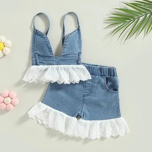 Kledingsets 1-5 jaar kinderen baby meisjes zomeroutfit kant patchwork rugloos denim hemdje en baby elastische casual shorts set