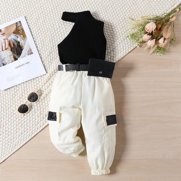 Ensembles de vêtements 1-5ans enfants filles 3pcs pantalons ensemble gilet sans manches avec ceinture cargo fanny pack tenues pour vêtements décontractés d'été