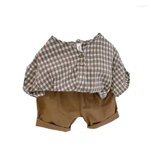 Ensembles de vêtements 1-6 ans coréen bébé bambin garçons filles doux mince décontracté manches courtes shorts ensemble coton et lin respirant plaid 2pcs costume