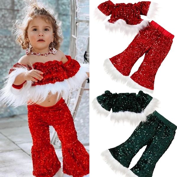 Ensembles de vêtements 1-6 ans bébé filles vêtements de noël ensembles Cosplay père noël fourrure paillettes à manches courtes hors épaule hauts avec pantalon enfants Costume 231122