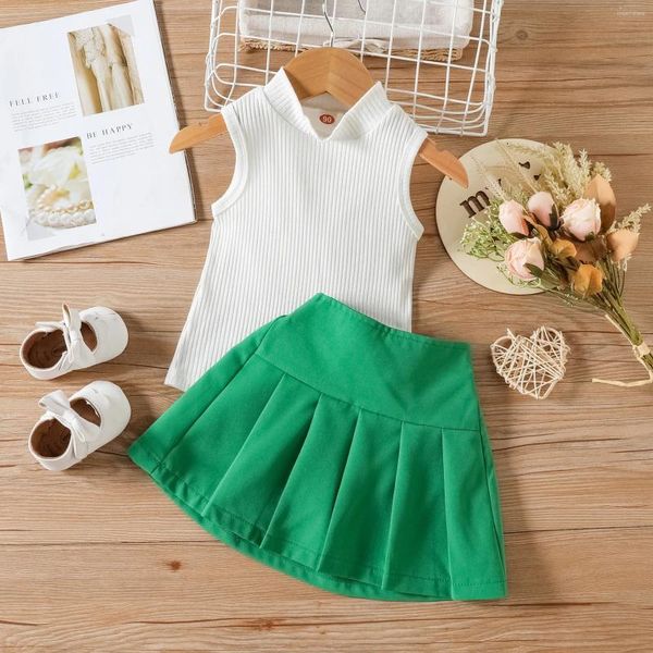 Ensembles de vêtements 1 à 6 ans Vêtements Girls Summer 2024 2pcs / Set White Sans manches Shirts Green Pleed Jirt Toddler Baby Girl Tenue