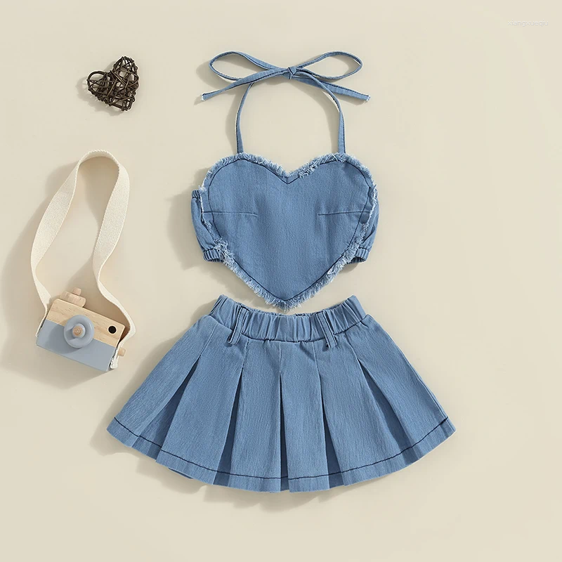 Clothing Sets 1-6Y Kids Girls Denim Outfits Summer Sleeveless Halter Neck Heart Vest Tops Pleated Skirt 2pcs Set Fashion Toddler Clothes