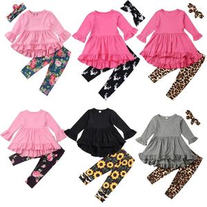 Kledingsets 1-6Y Kinderen Meisjes Lente Herfst Kleding Baby Flare Lange Mouw Ruche Jurk Tops Luipaard Bloemen Broek Legging Outfits