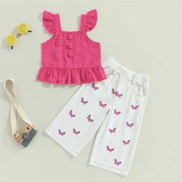 Ensembles de vêtements 1-6 ans enfants filles vêtements d'été ensembles bébé mouche manches hauts papillon Denim pantalon ample jean enfants tenues nouveau